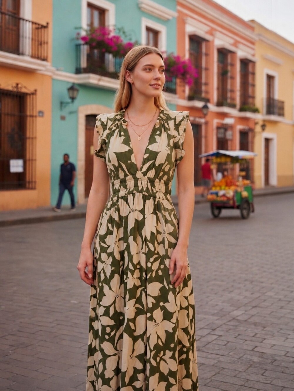 NEW Patrons of Peace Floral V Neck Corset Style Ruffle Maxi Dress Sz S 🌿